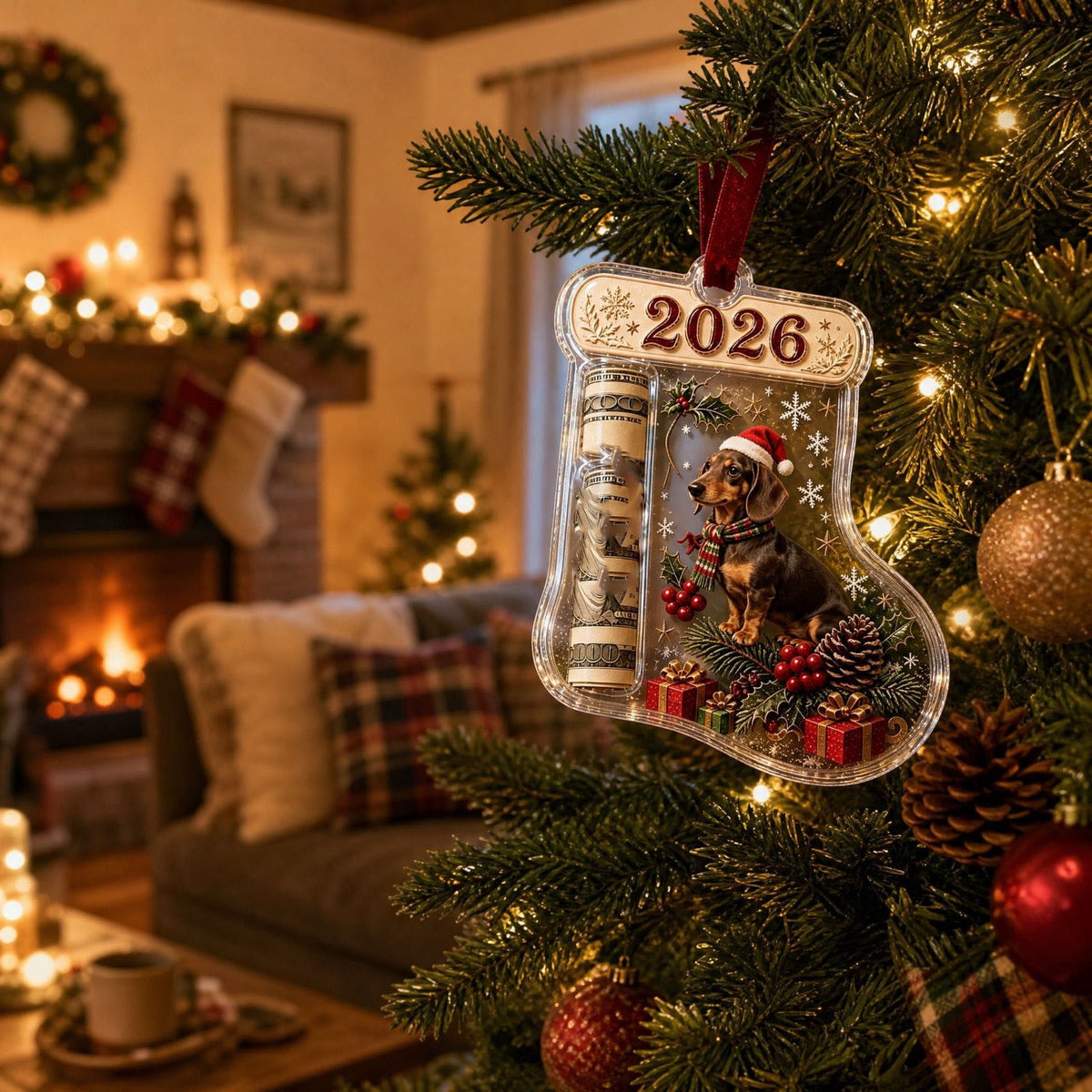 Christmas Cash Gift Stocking Shaped Ornament, Crystal-Clear Cash Holder Ornament with Xmas Stocking Design, Hanging Money Keepsake for Christmas Tree Wreath Garland, Surprise for Family Friends (F)