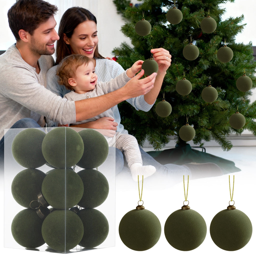 Roiihwy Green 12 Pcs Velvet Christmas Balls 1.57in Flocked Plastic Ornaments Xmas Decorative Hanging for Tree Holiday Decor