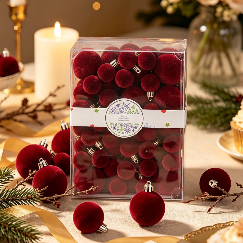 Christmas Ball Ornaments 42 Piece Flocked Gold Tan Velvet Assorted Box Set Tree Hanging Baubles