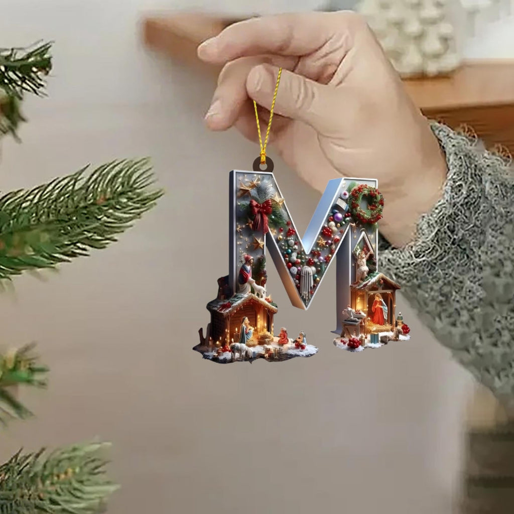 Nativity Scene Letters Ornament, A to Z Alphabet Ornaments for Xmas Tree, Jesus Letters Initial 2D Acrylic Flat Hanging Decoration, The Birth of Jesus Design, Rear view-Christian Gifts for Family (M)