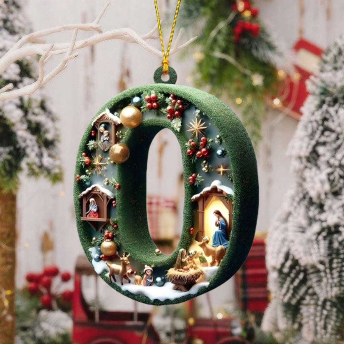 Nativity Scene Letters Ornament, A to Z Alphabet Ornaments for Xmas Tree, Jesus Letters Initial 2D Acrylic Flat Hanging Decoration, The Birth of Jesus Design, Rear view-Christian Gifts for Family (M)