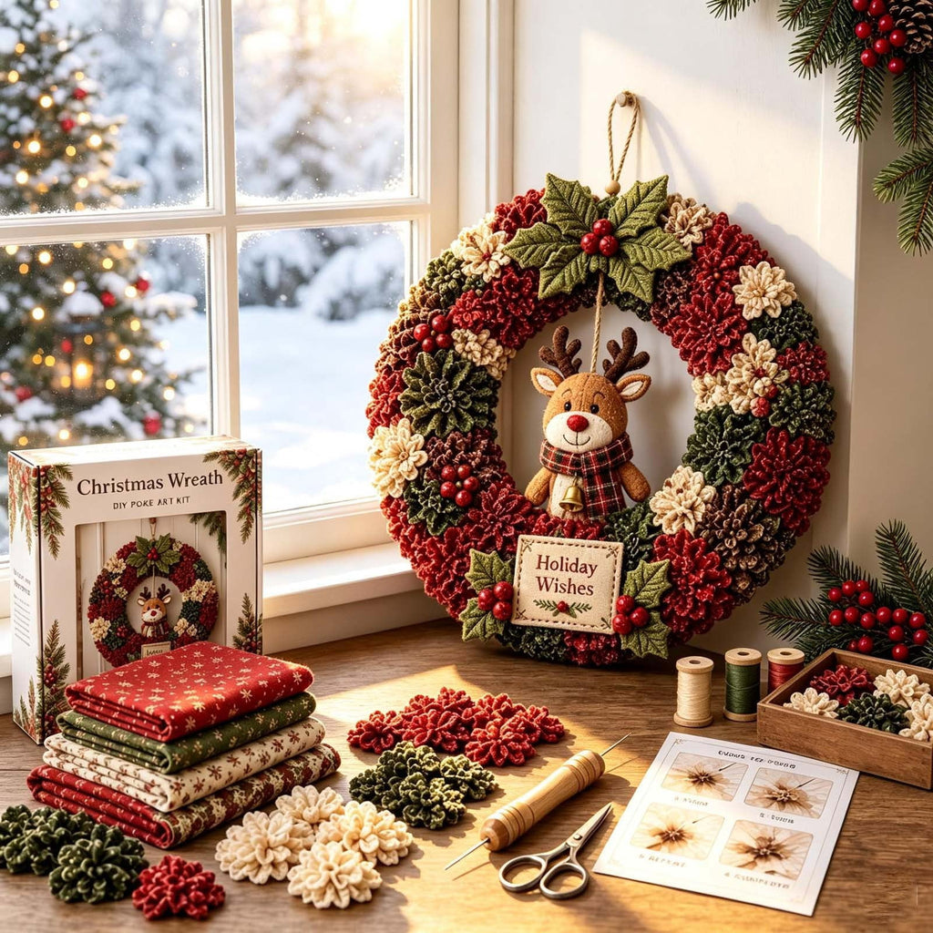 Clearance 3D Christmas Wreath Fabric Poke Art Kit, Jesus Poke Art Kits for Adults, Christmas Wreaths Ornament Making Kit for Front Door