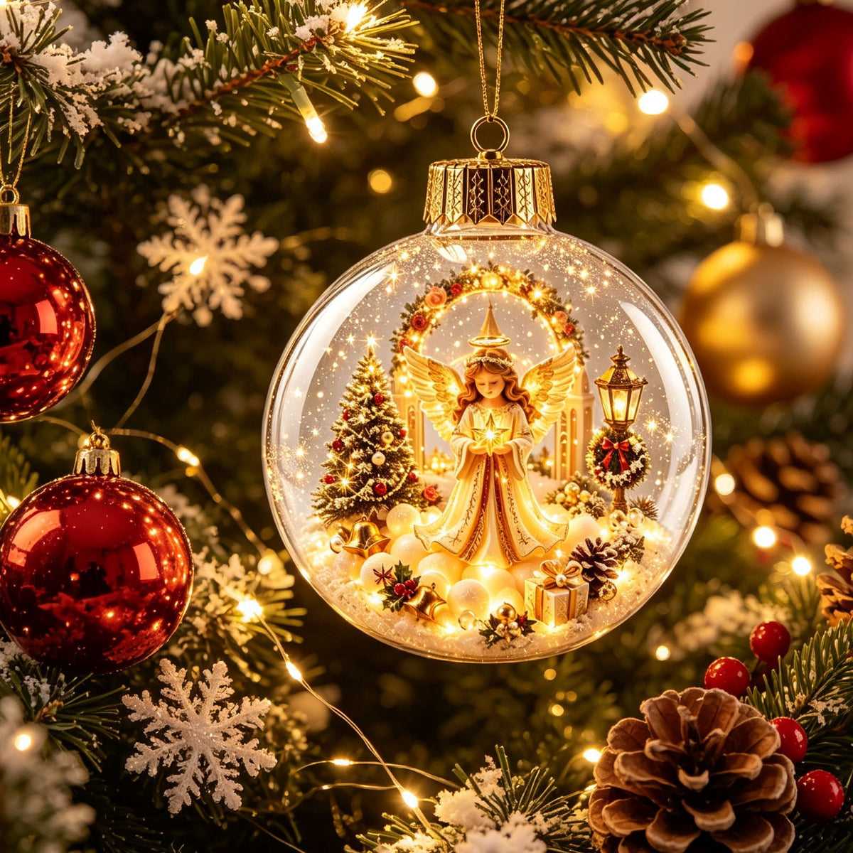 Glowing Christmas Scene Ornament Clearance, 3.15 Inch Light Up Mini Holiday Bauble with Warm LED, Xmas Tree Hanging Decor for Window Mantel Shelf