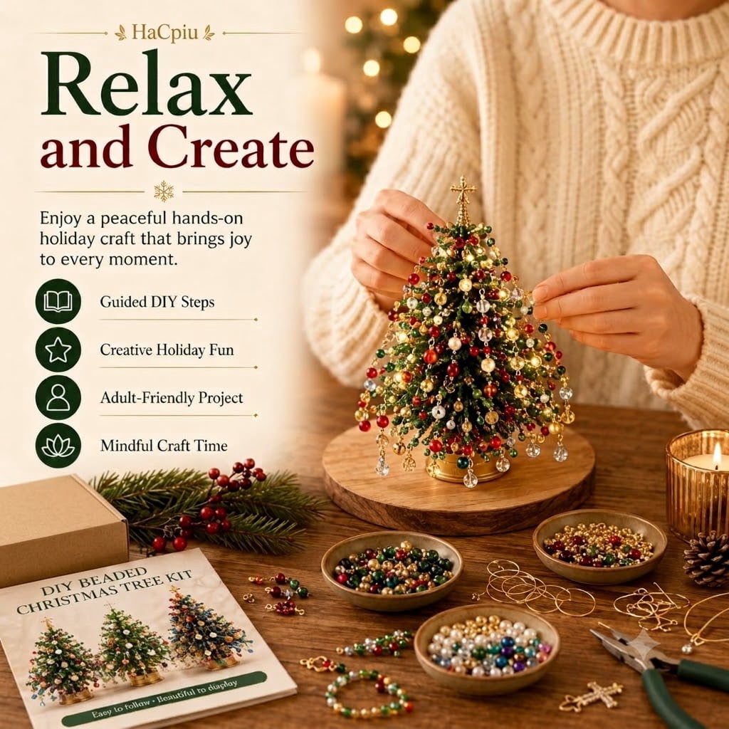 HaCpiu DIY Christmas Tree Mini Beaded Kits Set, 3D Wire Tabletop Seasonal Tree Beaded Kits Decor for Desk Mantel Shelf, Creative Christmas Holiday Craft Kit for Adults
