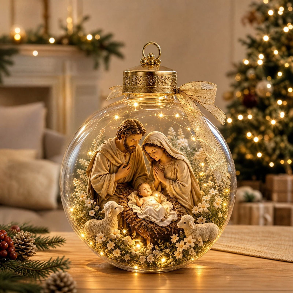 Glowing Christmas Story Ornament, Light-Up Mini Holiday Scene, Festive Keepsake for Christmas Tree, Mantel & Christmas Party Decor (Nativity)