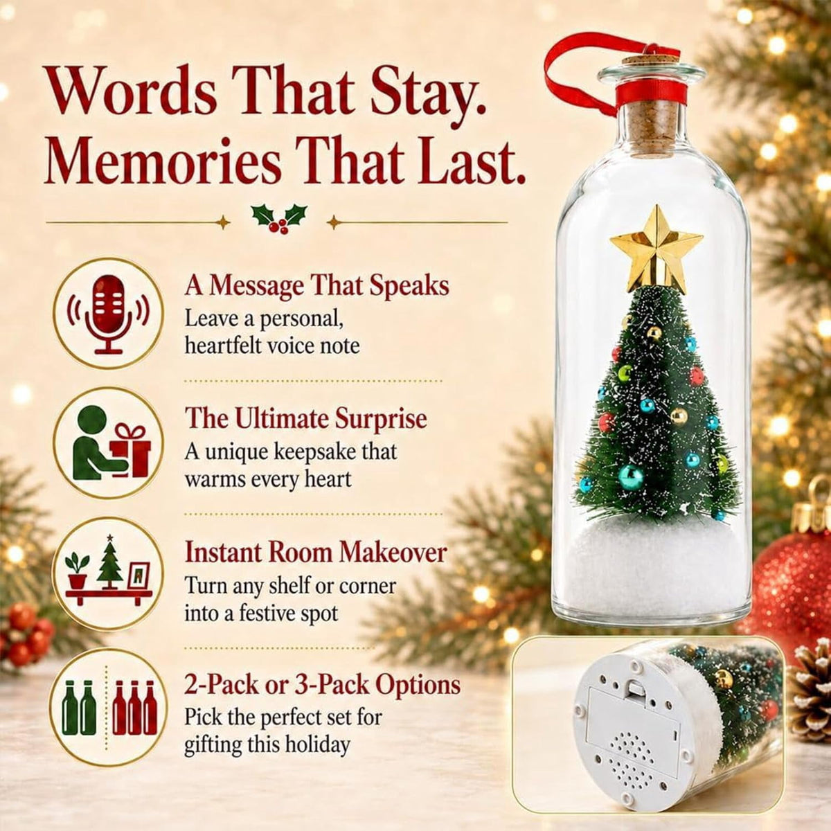 JASKFLY Recordable Christmas Tree Message in a Bottle, Voice Recording Holiday Keepsake with Playback, Snowy Scene, Glass, Green, 1 Count