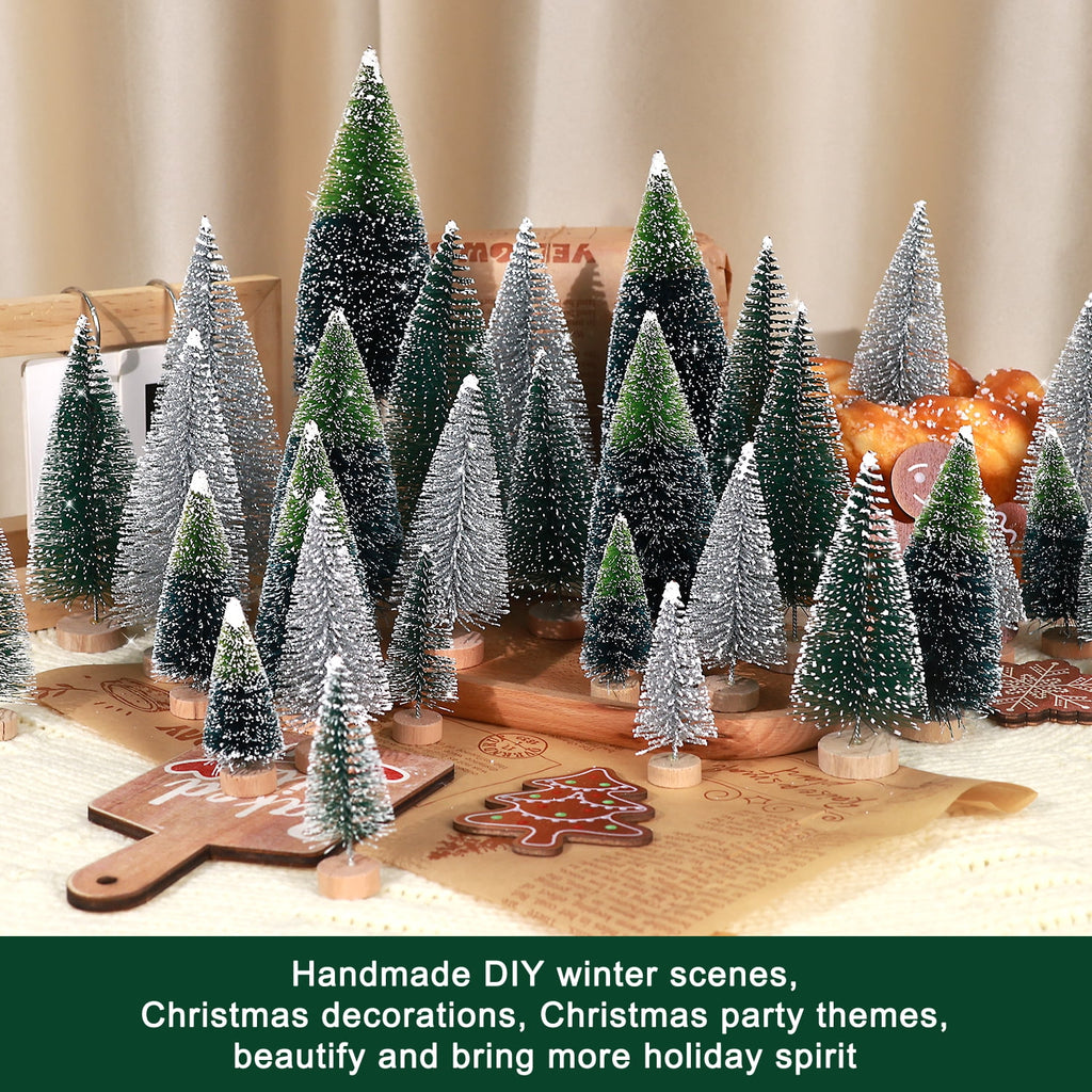 Ayieyill 30PCS Artificial Mini Christmas Trees, Upgrade Sisal Pine Trees with Wood Base Bottle Brush Trees for Christmas Table Top Decor(Green, Gold and Ivory)