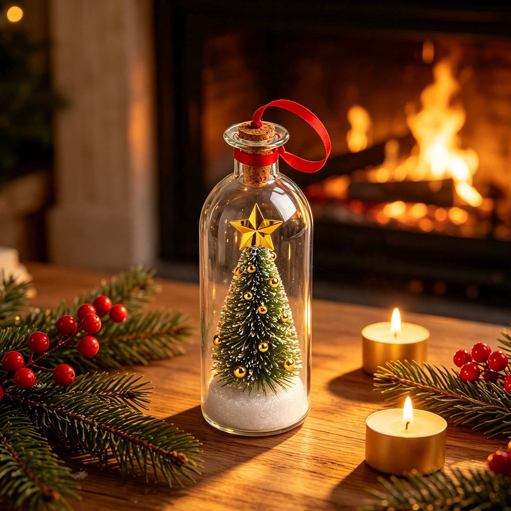 JASKFLY Recordable Christmas Tree Message in a Bottle, Voice Recording Holiday Keepsake with Playback, Snowy Scene, Glass, Green, 1 Count