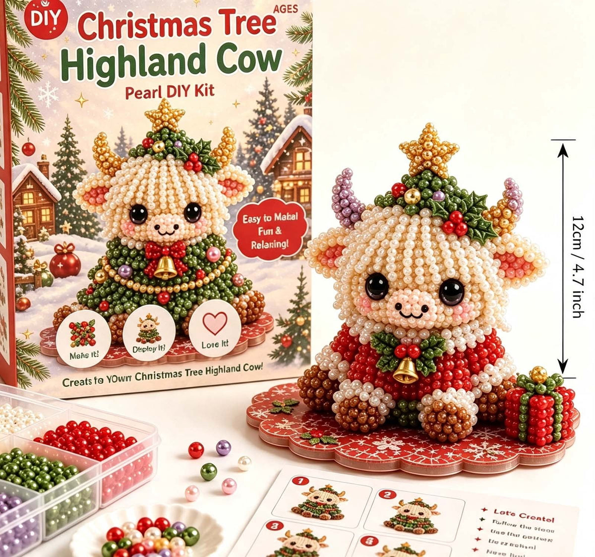 MYUNNIL Christmas Highland Cow 3D Pearl Bead Kit, Small Cute Beginner Friendly Complete Animal Themed Handcraft Set, Fun Whimsical Decorative Ornament for Home Decor & Holiday Gift, ( Xmas Tree )