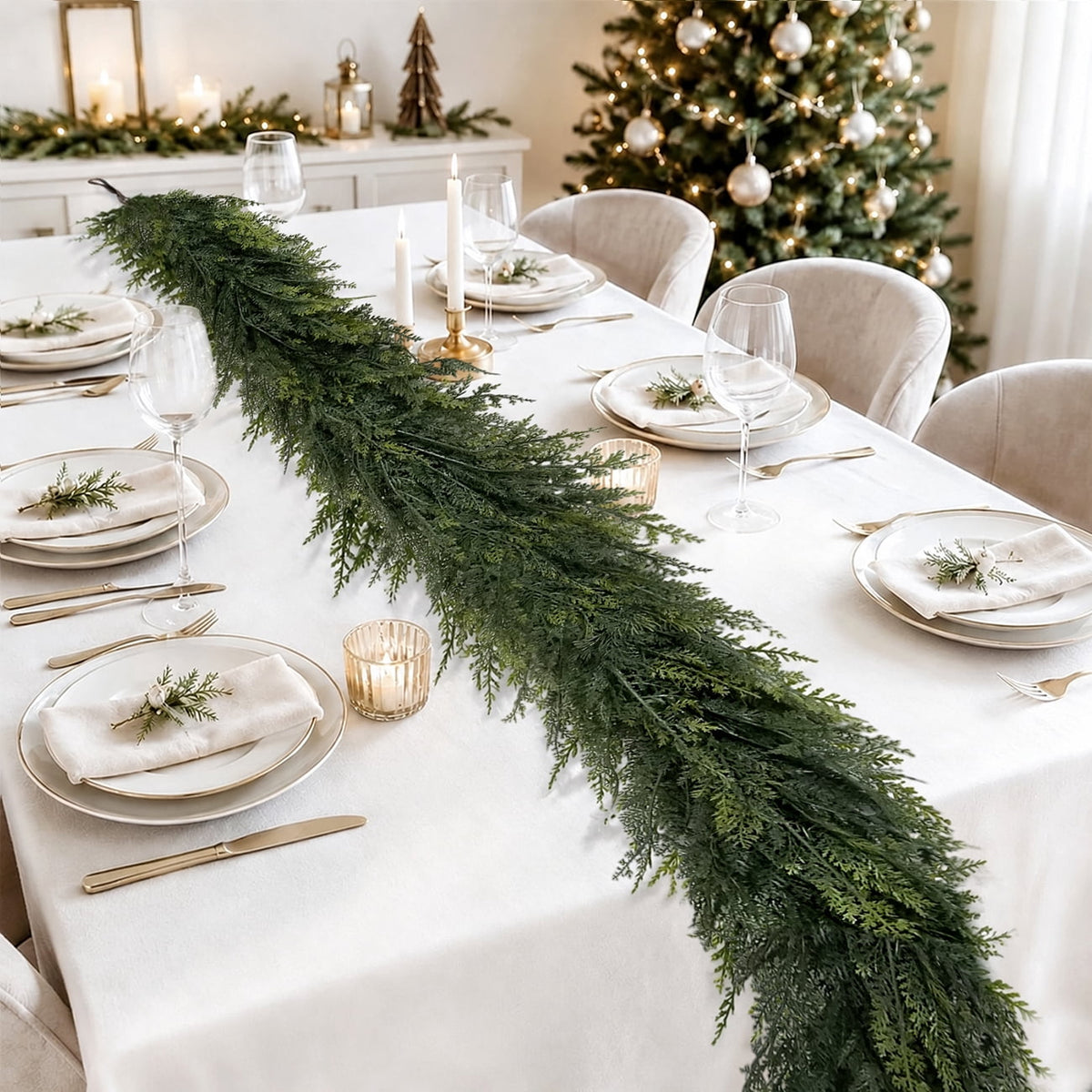 2 Pcs 6Ft Christmas Garland, Realistic Cedar Cypress Pine Greenery Garland Faux Christmas Decorations for Mantle, Fireplace, Table, Stairs, Doors, Porch, Indoor Outdoor Christmas Decor