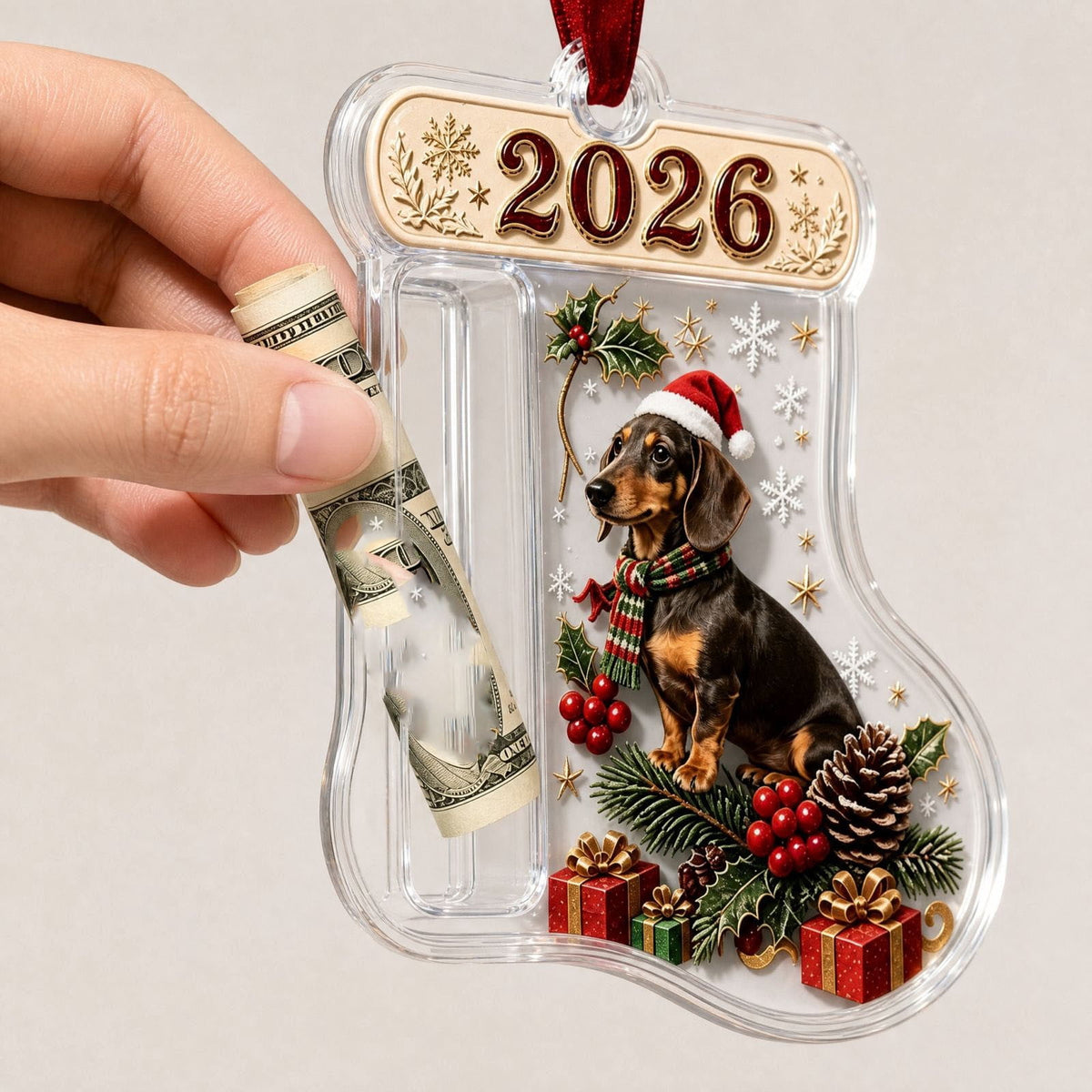 Christmas Cash Gift Stocking Shaped Ornament, Crystal-Clear Cash Holder Ornament with Xmas Stocking Design, Hanging Money Keepsake for Christmas Tree Wreath Garland, Surprise for Family Friends (F)