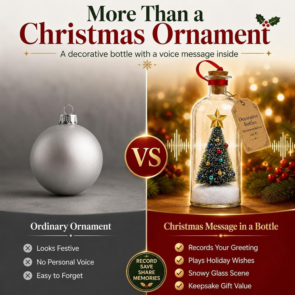 JASKFLY Recordable Christmas Tree Message in a Bottle, Voice Recording Holiday Keepsake with Playback, Snowy Scene, Glass, Green, 1 Count