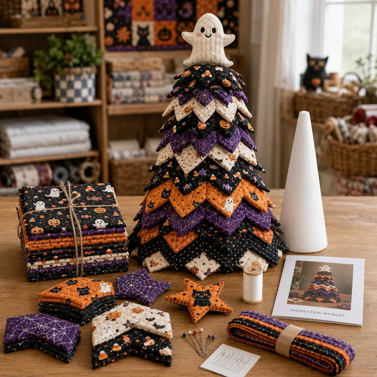 DIY Quilted Christmas Tree Kit Handmade Fabric Tabletop Holiday Decor, Patchwork Craft with Character Topper for Mantel Shelf