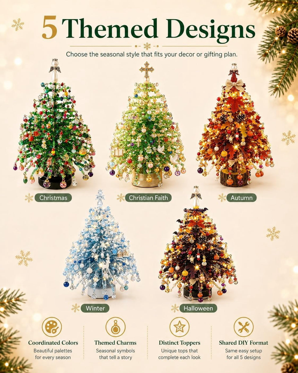 UALSRZL DIY Beaded Christmas Tree Kit, Christmas Decorations Handmade Beads Craft Set, Sparkling Crystal Xmas Ornaments for Table Decor Holiday Gifts