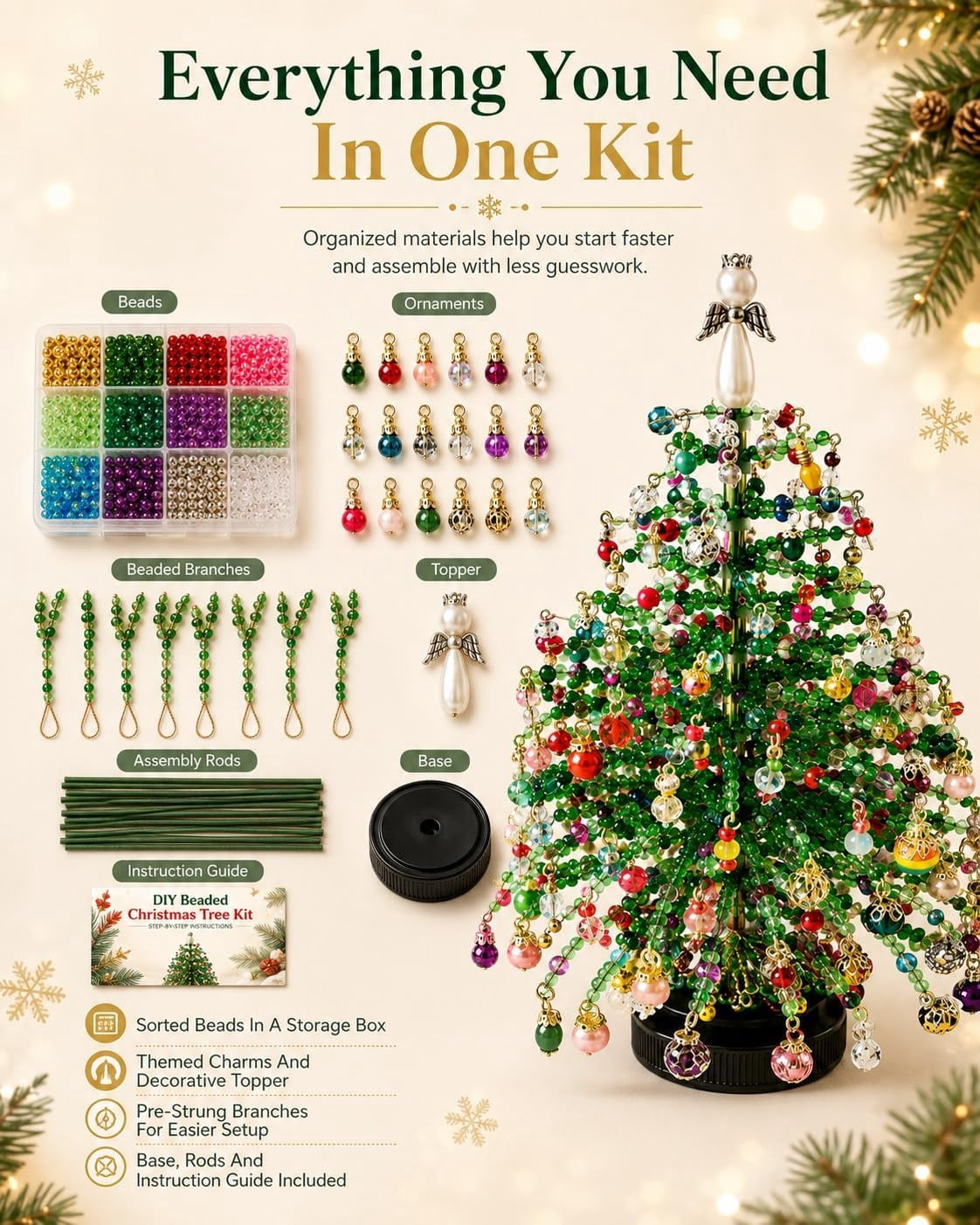 UALSRZL DIY Beaded Christmas Tree Kit, Christmas Decorations Handmade Beads Craft Set, Sparkling Crystal Xmas Ornaments for Table Decor Holiday Gifts