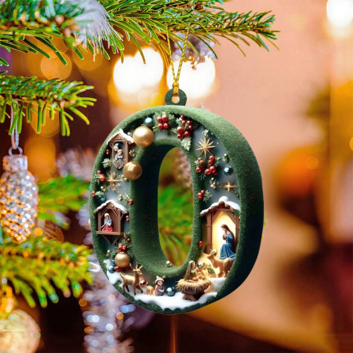 Nativity Scene Letters Ornament, A to Z Alphabet Ornaments for Xmas Tree, Jesus Letters Initial 2D Acrylic Flat Hanging Decoration, The Birth of Jesus Design, Rear view-Christian Gifts for Family (M)