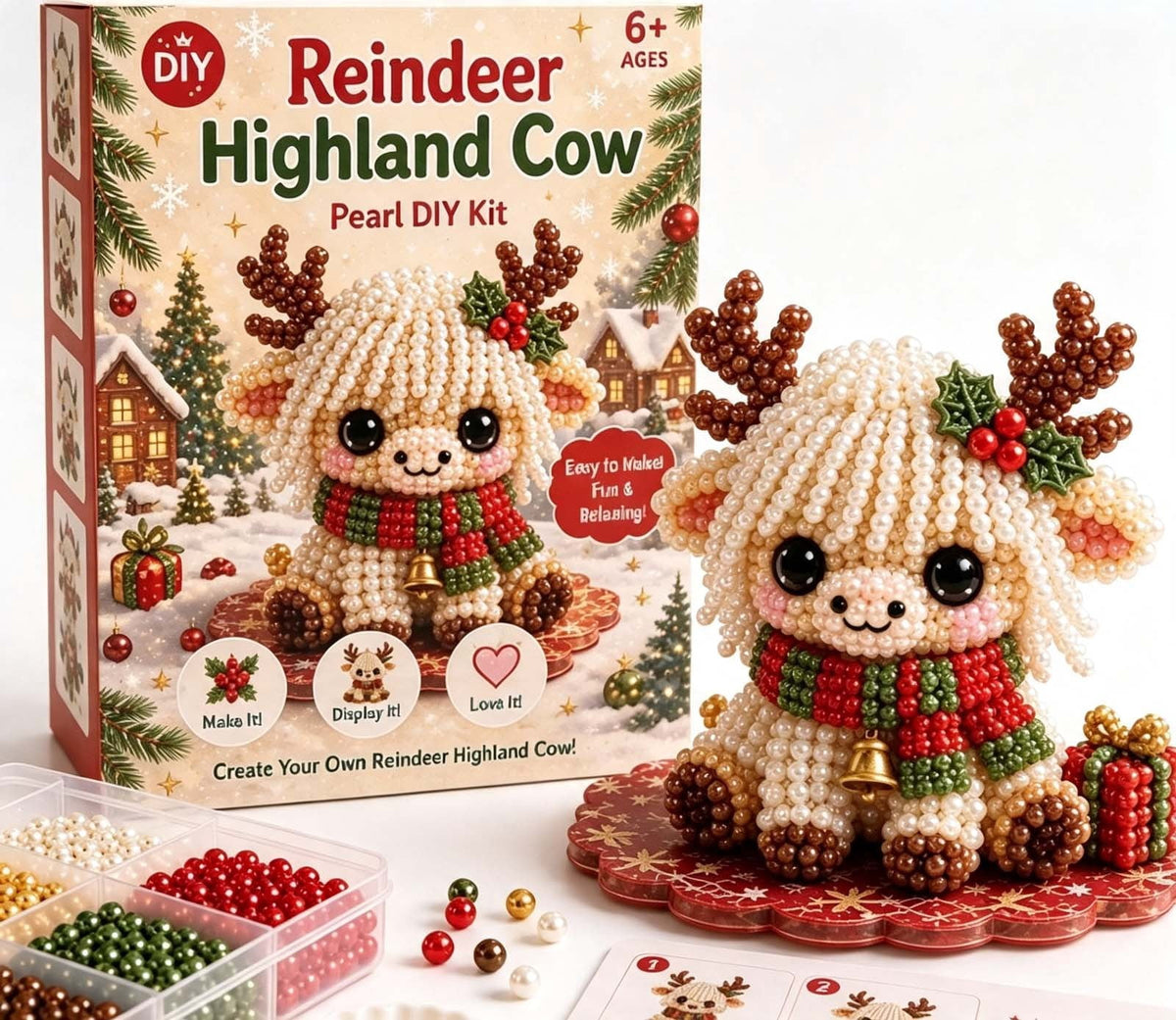 MYUNNIL Christmas Highland Cow 3D Pearl Bead Kit, Small Cute Beginner Friendly Complete Animal Themed Handcraft Set, Fun Whimsical Decorative Ornament for Home Decor & Holiday Gift, ( Xmas Tree )
