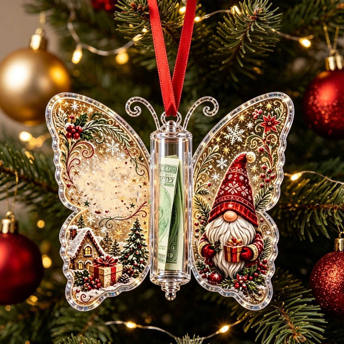 Christmas Cash Gift Stocking Shaped Ornament, Crystal-Clear Cash Holder Ornament with Xmas Stocking Design, Hanging Money Keepsake for Christmas Tree Wreath Garland, Surprise for Family Friends (F)