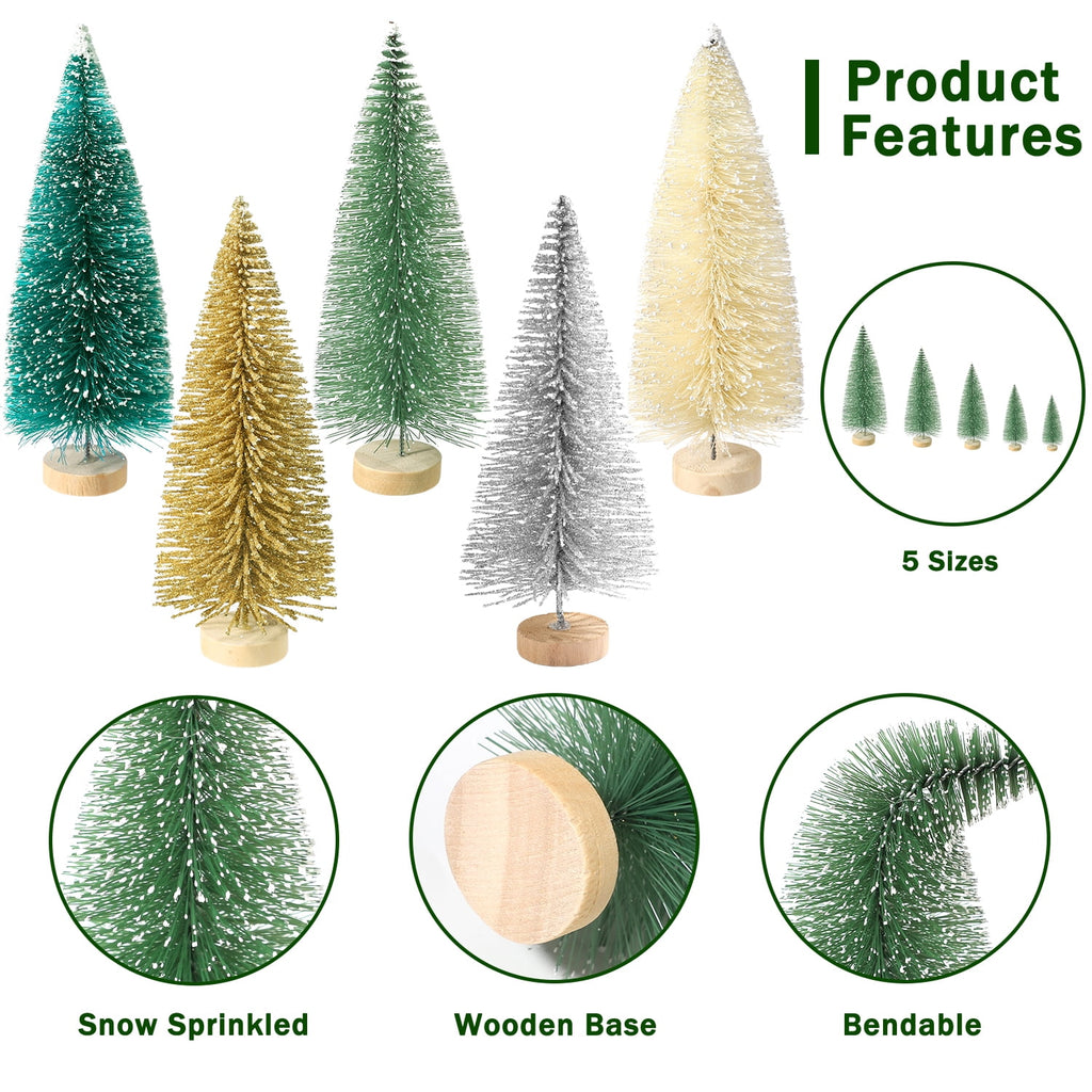 Ayieyill 30PCS Artificial Mini Christmas Trees, Upgrade Sisal Pine Trees with Wood Base Bottle Brush Trees for Christmas Table Top Decor(Green, Gold and Ivory)
