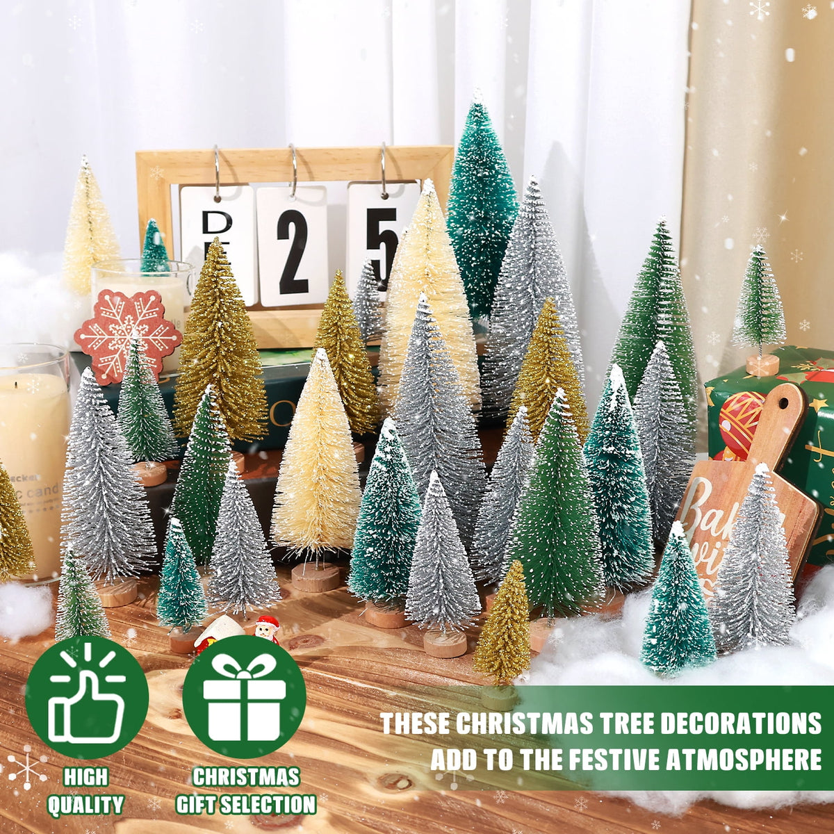 Ayieyill 30PCS Artificial Mini Christmas Trees, Upgrade Sisal Pine Trees with Wood Base Bottle Brush Trees for Christmas Table Top Decor(Green, Gold and Ivory)