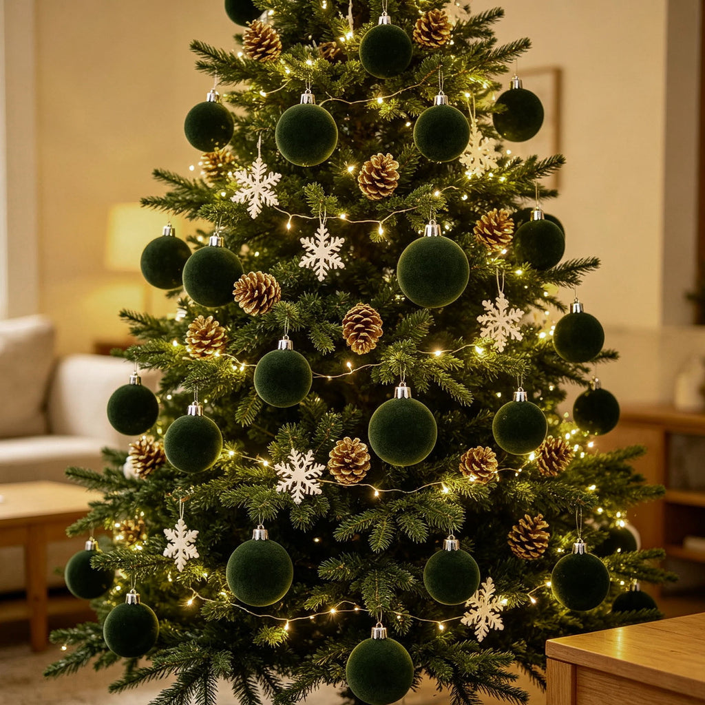 Christmas Ball Ornaments 42 Piece Flocked Gold Tan Velvet Assorted Box Set Tree Hanging Baubles