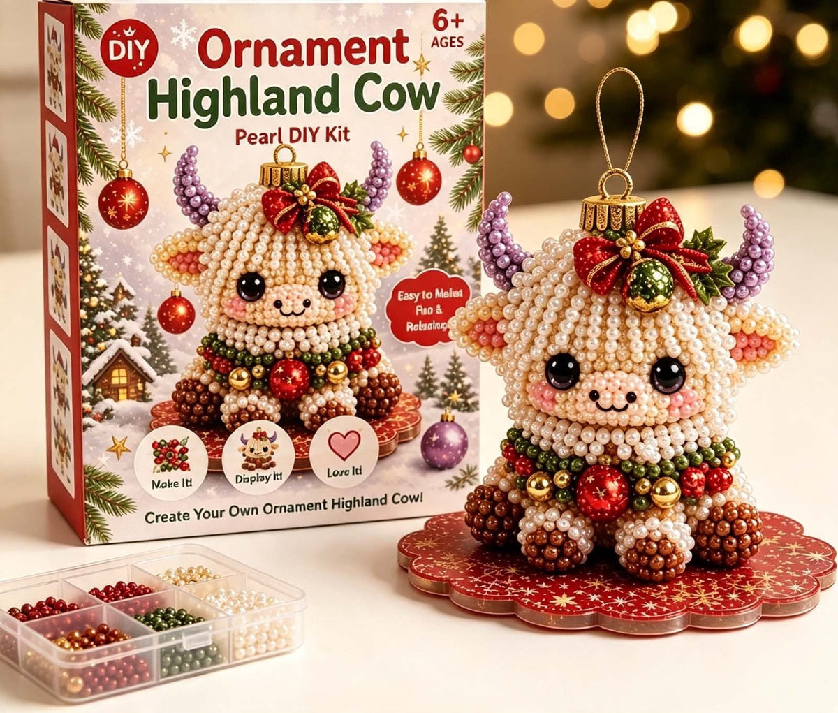 MYUNNIL Christmas Highland Cow 3D Pearl Bead Kit, Small Cute Beginner Friendly Complete Animal Themed Handcraft Set, Fun Whimsical Decorative Ornament for Home Decor & Holiday Gift, ( Xmas Tree )