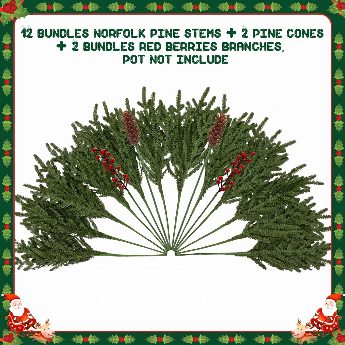 Waipfaru Artificial Christmas Norfolk Pine Branches with Lights,16 Pcs Fake Evergreen Real Touch Greenery Stem for Xmas Holiday Winter Table Indoor Decor