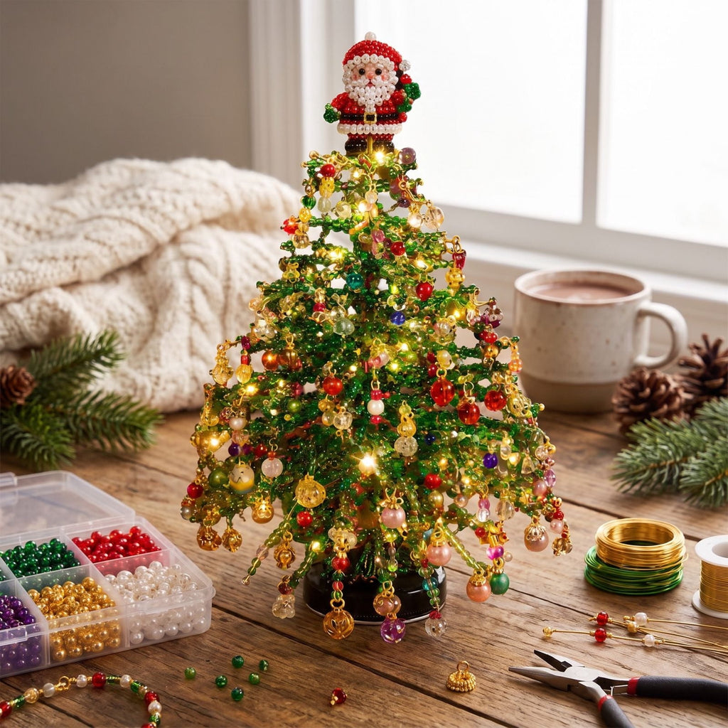 Clearance DIY Beaded Christmas Tree Kit, Crystal Holiday Craft Set for Adults, Colorful Beads, Ornament Charms, Metal Frame, Warm Glow Display, Tabletop Decor, Christmas Gift (Classic)