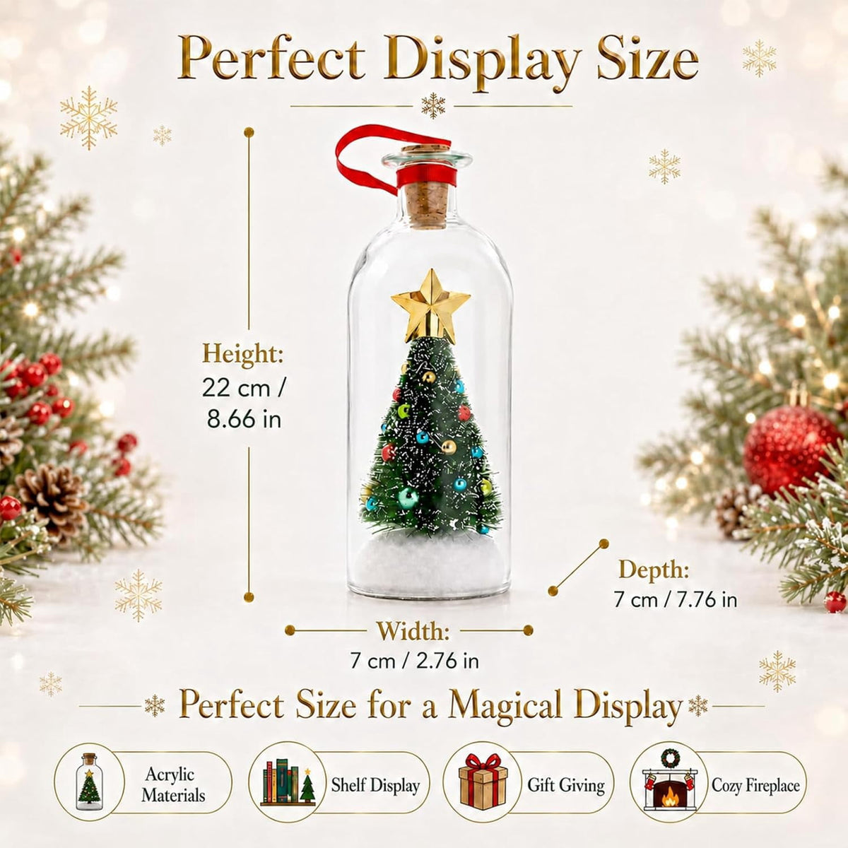 JASKFLY Recordable Christmas Tree Message in a Bottle, Voice Recording Holiday Keepsake with Playback, Snowy Scene, Glass, Green, 1 Count