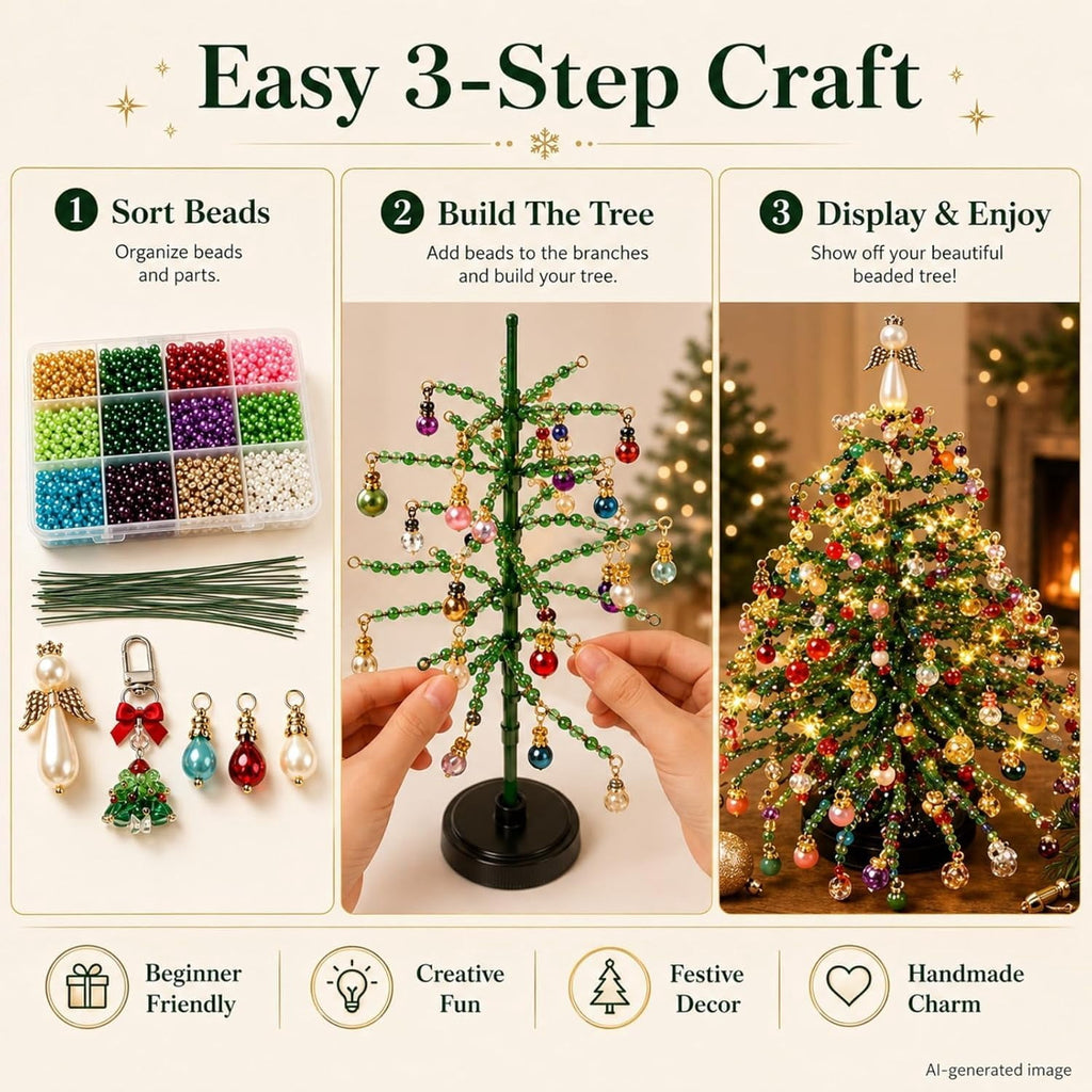 2026 New DIY Beaded Christmas Tree Kit, 3D Crystal Bead and Pearl Craft Set for Adults with Metal Frame, Sparkling Tabletop Christmas Decor, Holiday Gift