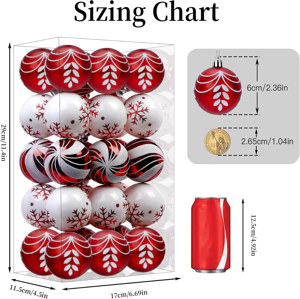 30ct Christmas Ball Ornaments, 2.36 in Shatterproof Xmas Tree Decorations, Plastic Baubles for Holiday, Party, Wedding, or Home Decor, Red & Gold