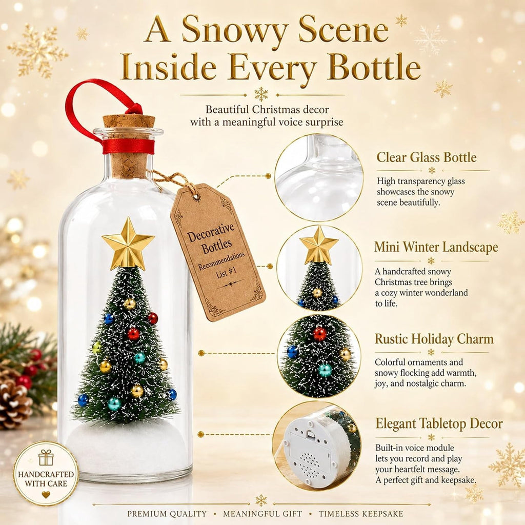 JASKFLY Recordable Christmas Tree Message in a Bottle, Voice Recording Holiday Keepsake with Playback, Snowy Scene, Glass, Green, 1 Count