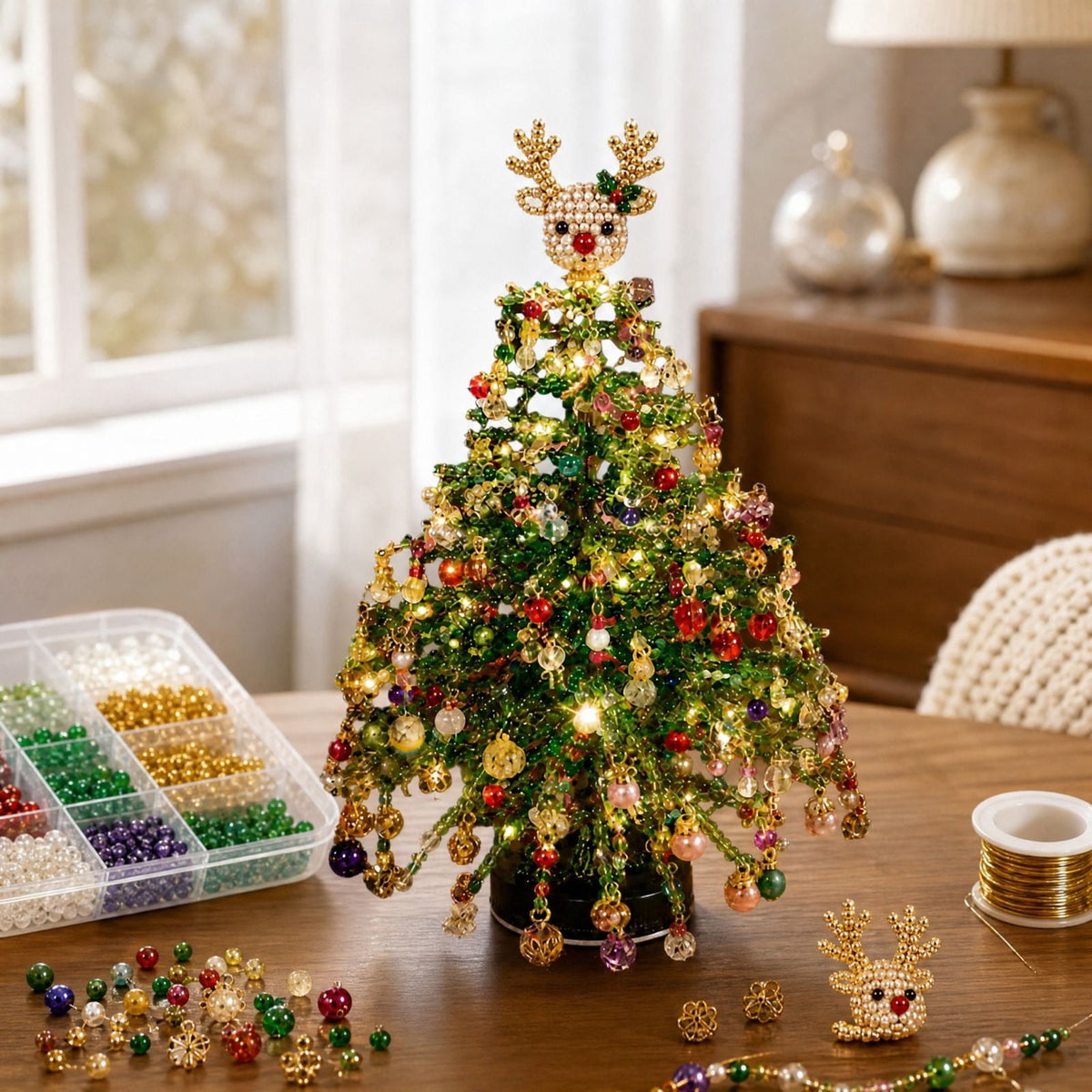 Clearance DIY Beaded Christmas Tree Kit, Crystal Holiday Craft Set for Adults, Colorful Beads, Ornament Charms, Metal Frame, Warm Glow Display, Tabletop Decor, Christmas Gift (Classic)