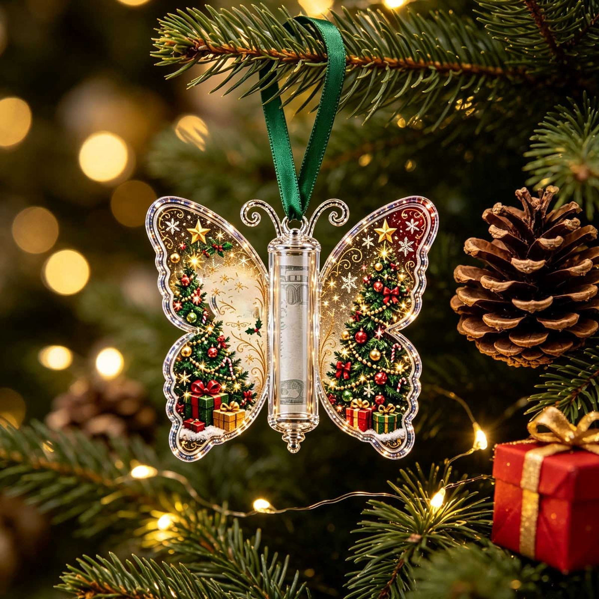 Christmas Cash Gift Stocking Shaped Ornament, Crystal-Clear Cash Holder Ornament with Xmas Stocking Design, Hanging Money Keepsake for Christmas Tree Wreath Garland, Surprise for Family Friends (F)