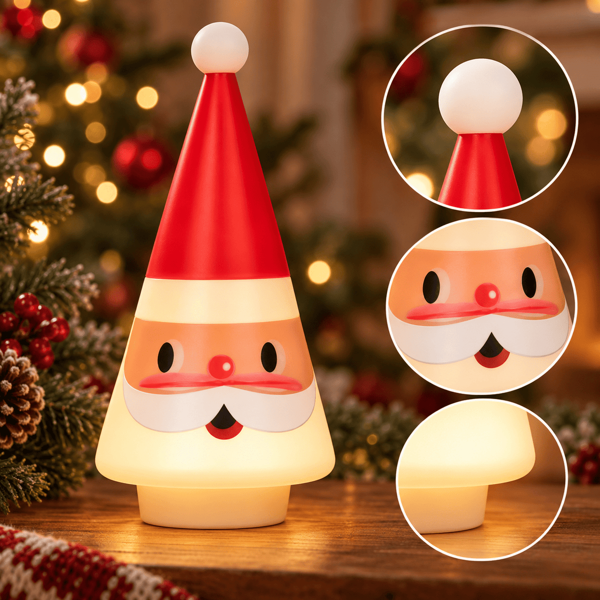 Feledorashia Lighted Santa Figurine, Christmas Tabletop Decoration, 7.87 Inch Cone-Shaped Santa Character Lamp for Mantels Shelves and Entryway Tables, Molded Resin with Internal Light