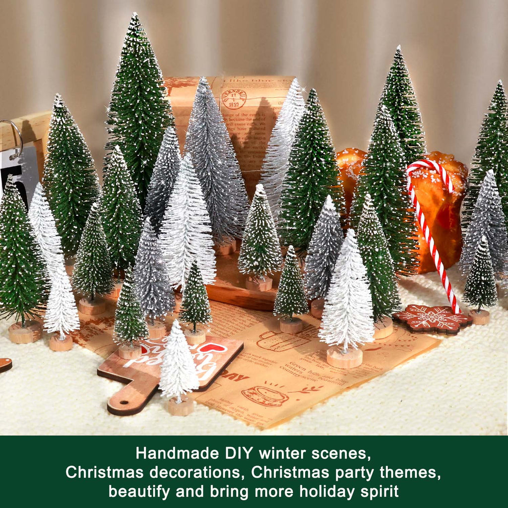 Ayieyill 30PCS Artificial Mini Christmas Trees, Upgrade Sisal Pine Trees with Wood Base Bottle Brush Trees for Christmas Table Top Decor(Green, Gold and Ivory)