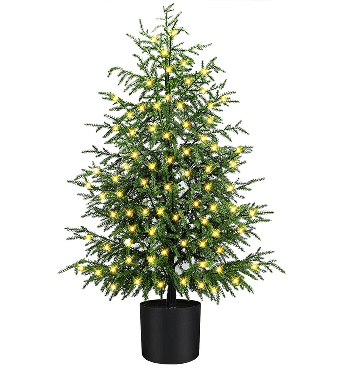 2FT Pre-Lit Artificial Christmas Tree, Lifelike Cypress Potted Xmas Tree with 100 Twinkle LED Lights for Family Fun Indoor Holiday Decor for Indoor