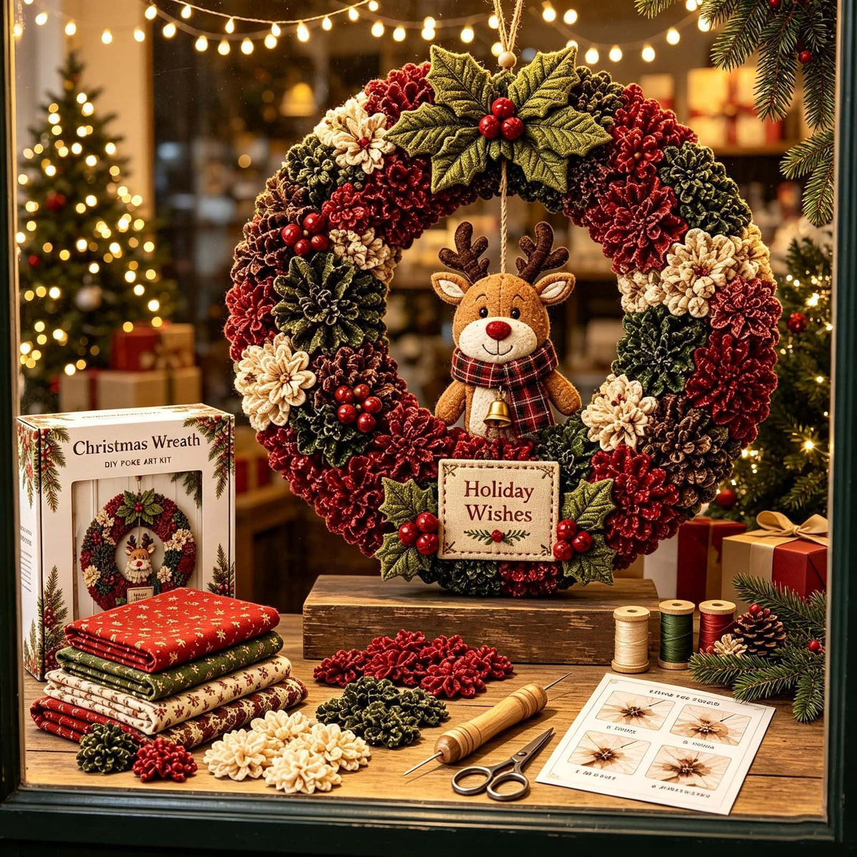 Clearance 3D Christmas Wreath Fabric Poke Art Kit, Jesus Poke Art Kits for Adults, Christmas Wreaths Ornament Making Kit for Front Door