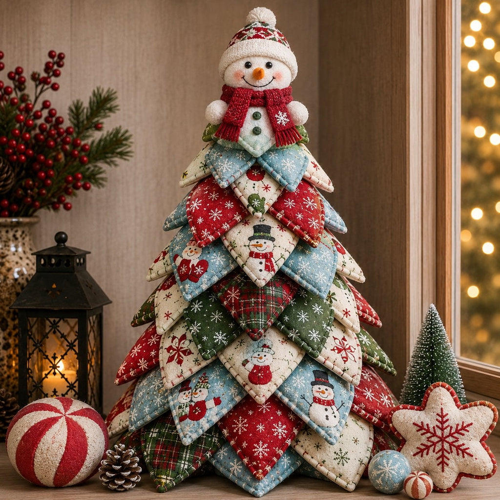 DIY Quilted Christmas Tree Kit Handmade Fabric Tabletop Holiday Decor, Patchwork Craft with Character Topper for Mantel Shelf