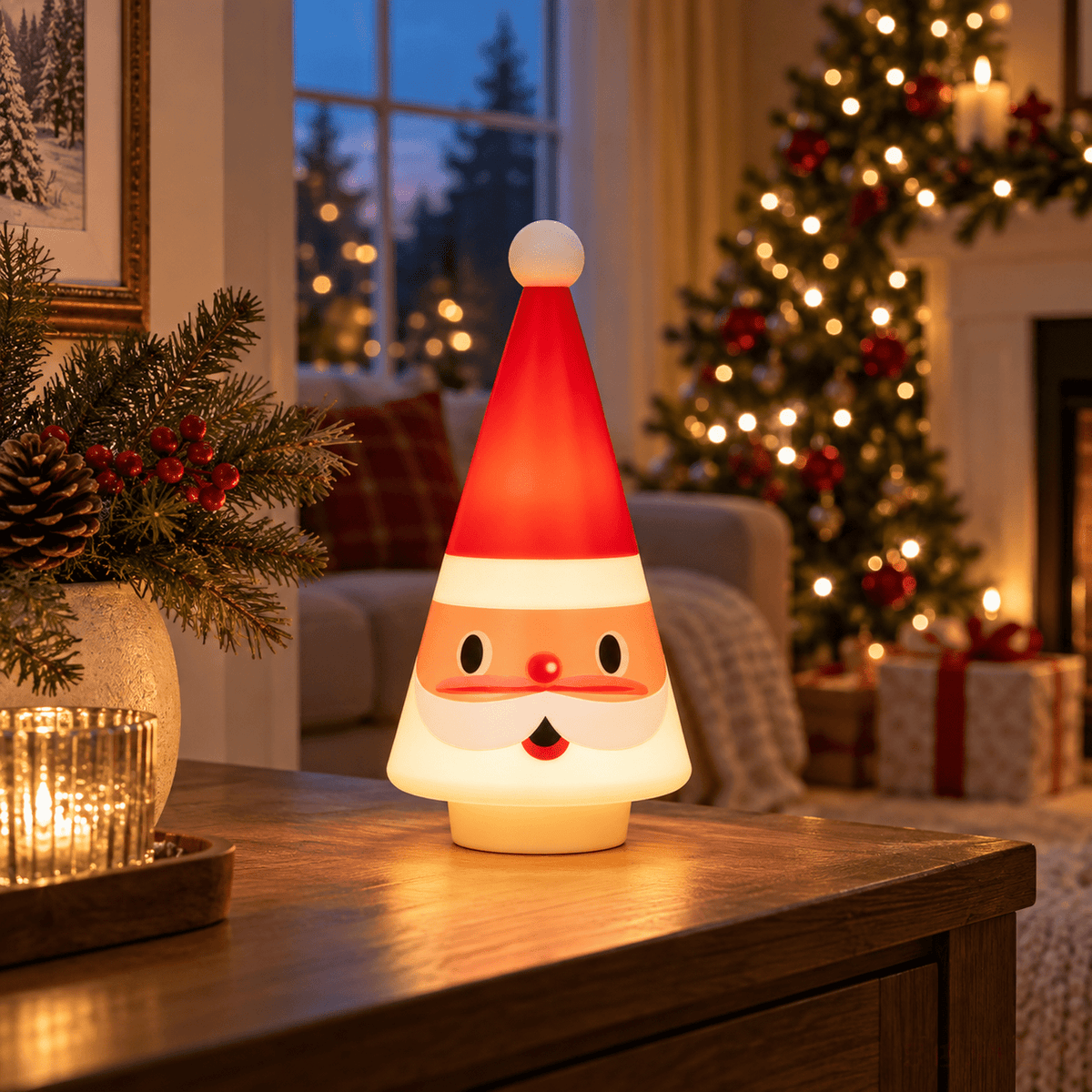 Feledorashia Lighted Santa Figurine, Christmas Tabletop Decoration, 7.87 Inch Cone-Shaped Santa Character Lamp for Mantels Shelves and Entryway Tables, Molded Resin with Internal Light