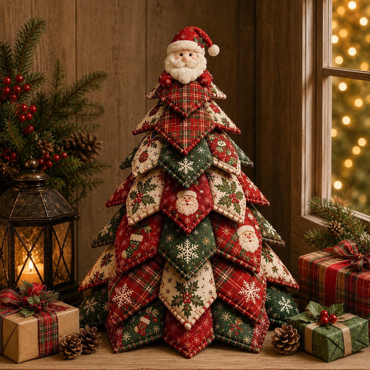 DIY Quilted Christmas Tree Kit Handmade Fabric Tabletop Holiday Decor, Patchwork Craft with Character Topper for Mantel Shelf