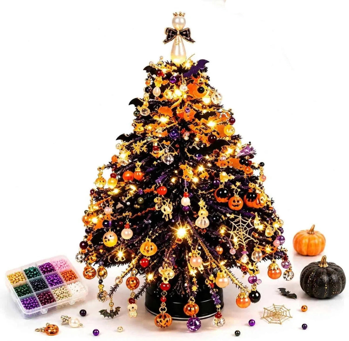 Clearance DIY Beaded Christmas Tree Kit, Crystal Holiday Craft Set for Adults, Colorful Beads, Ornament Charms, Metal Frame, Warm Glow Display, Tabletop Decor, Christmas Gift (Classic)