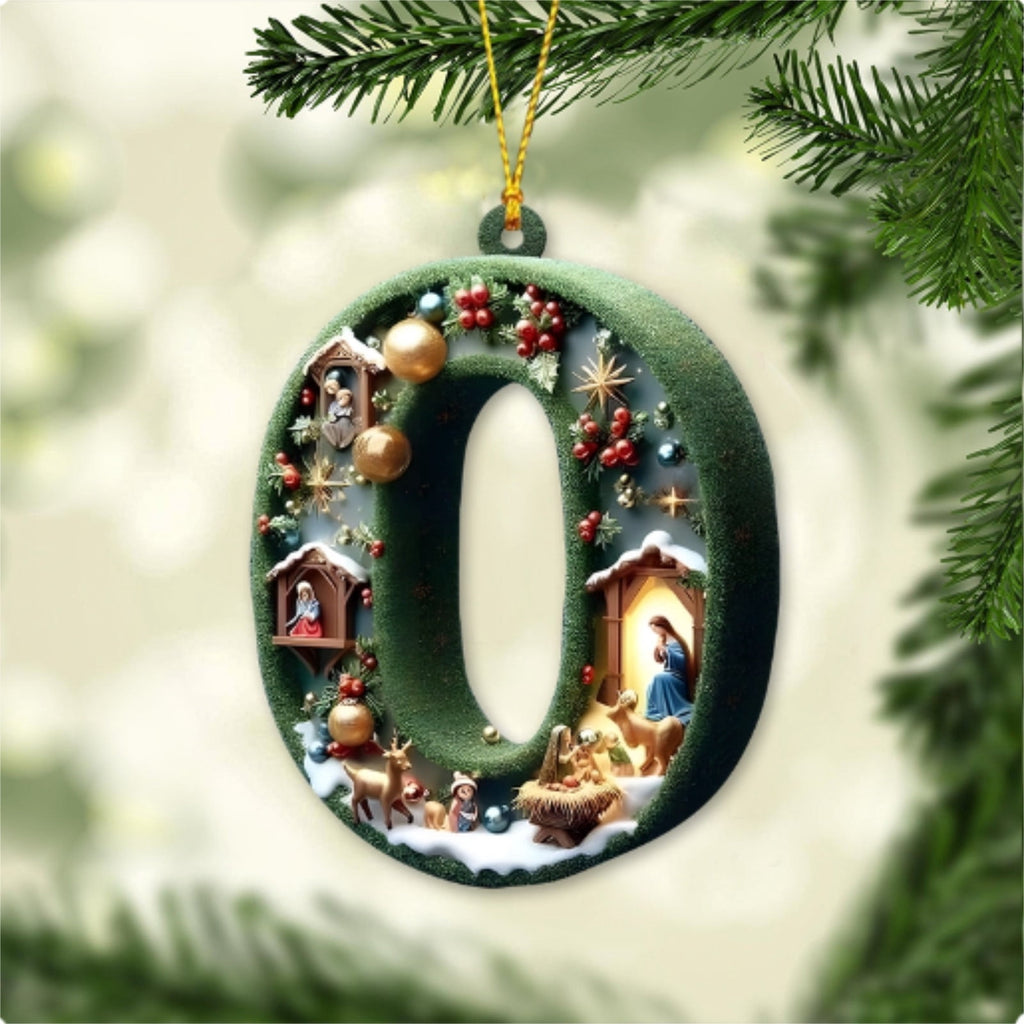 Nativity Scene Letters Ornament, A to Z Alphabet Ornaments for Xmas Tree, Jesus Letters Initial 2D Acrylic Flat Hanging Decoration, The Birth of Jesus Design, Rear view-Christian Gifts for Family (M)