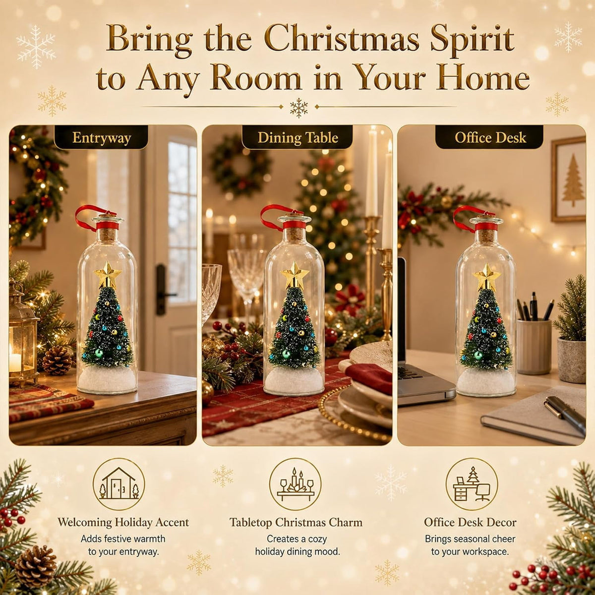 JASKFLY Recordable Christmas Tree Message in a Bottle, Voice Recording Holiday Keepsake with Playback, Snowy Scene, Glass, Green, 1 Count