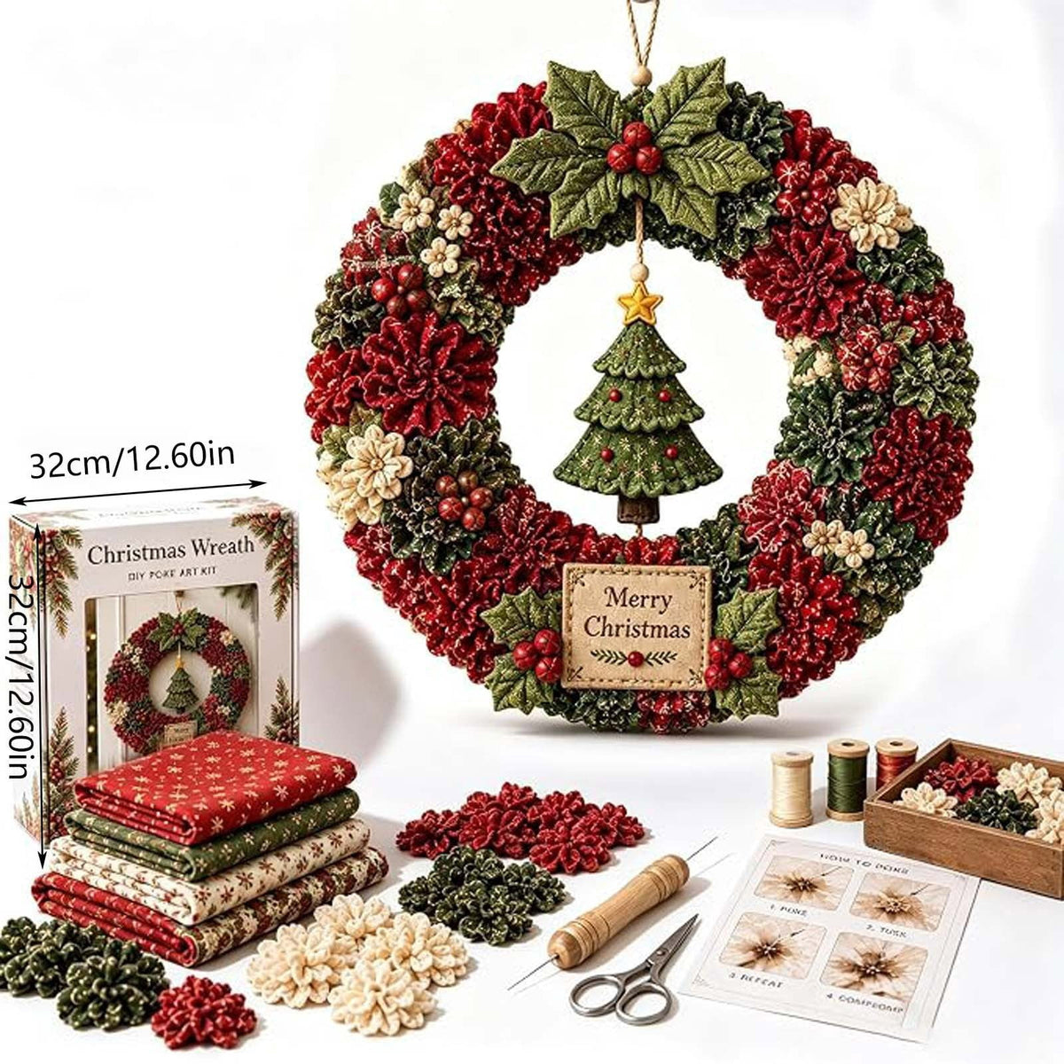 Clearance 3D Christmas Wreath Fabric Poke Art Kit, Jesus Poke Art Kits for Adults, Christmas Wreaths Ornament Making Kit for Front Door