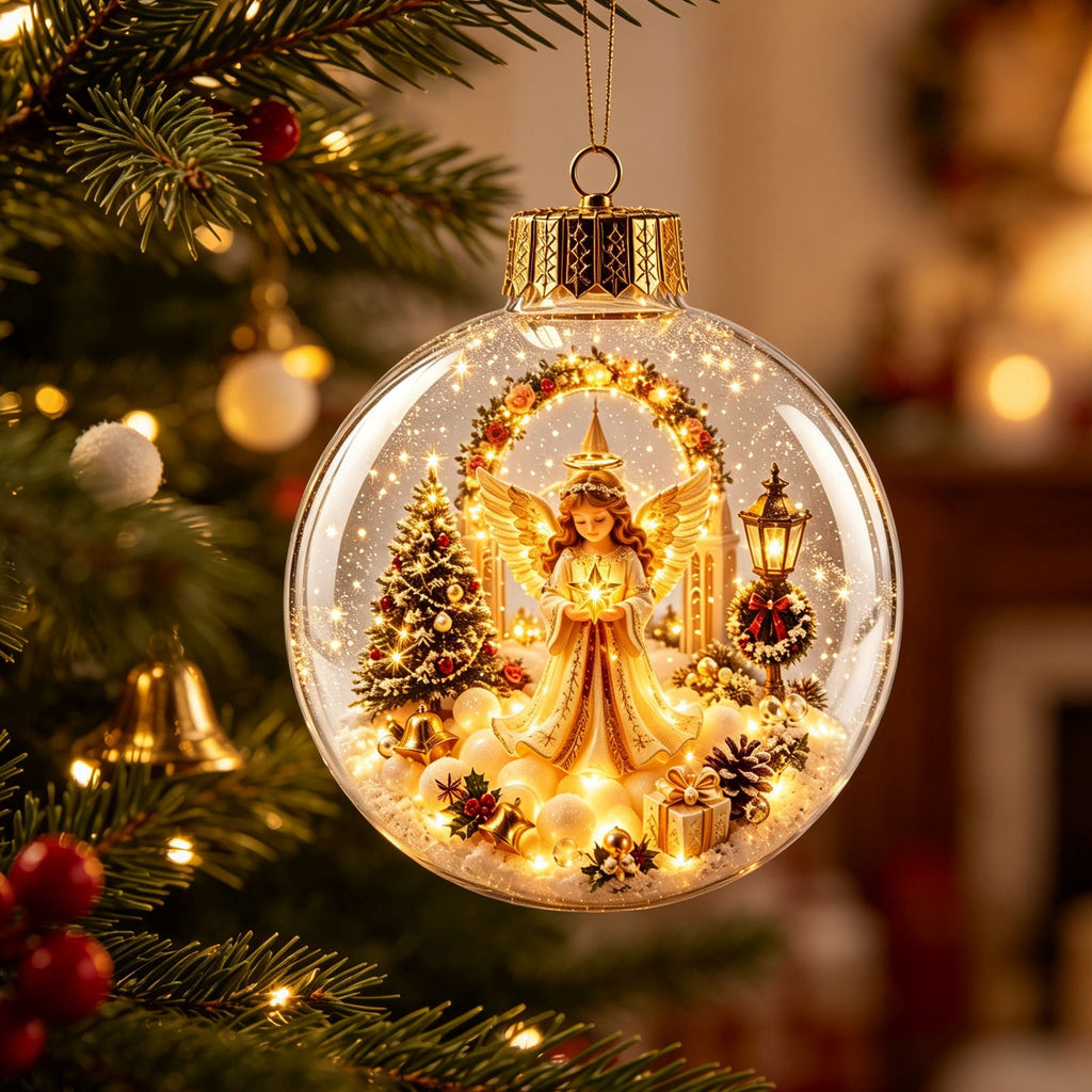 Glowing Christmas Scene Ornament Clearance, 3.15 Inch Light Up Mini Holiday Bauble with Warm LED, Xmas Tree Hanging Decor for Window Mantel Shelf