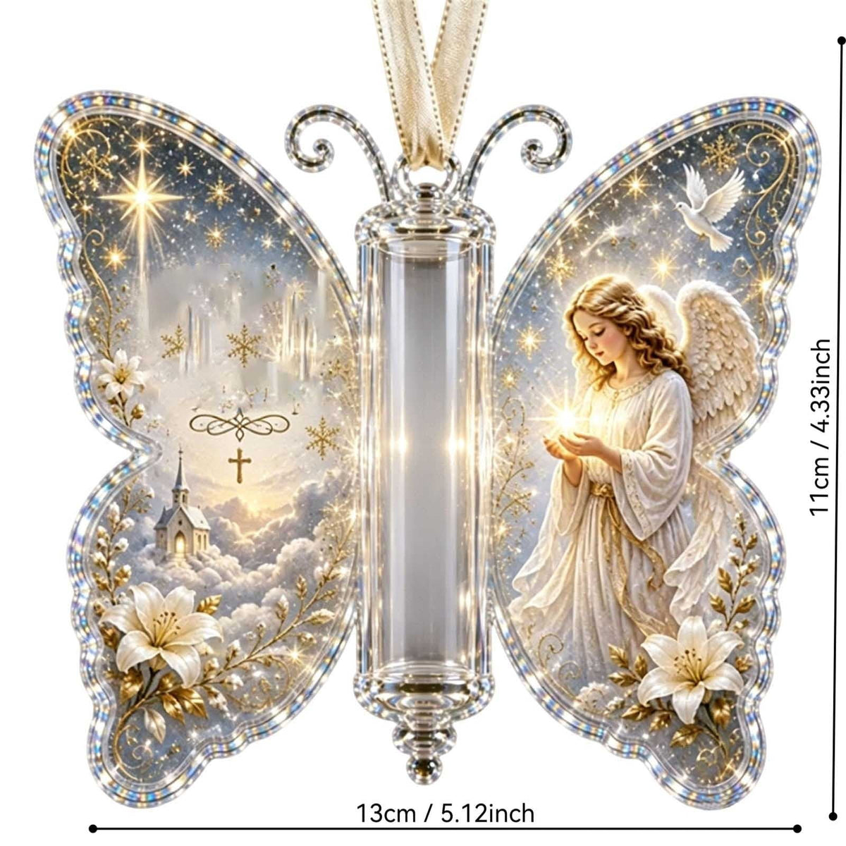 Butterfly Christmas Money Gift Ornament, Angel‑Pattern Acrylic Cash Holder with Clear Compartment, Hanging Xmas Cash Wallet Decor for Christmas Tree, Window, Car, Creative Holiday Present