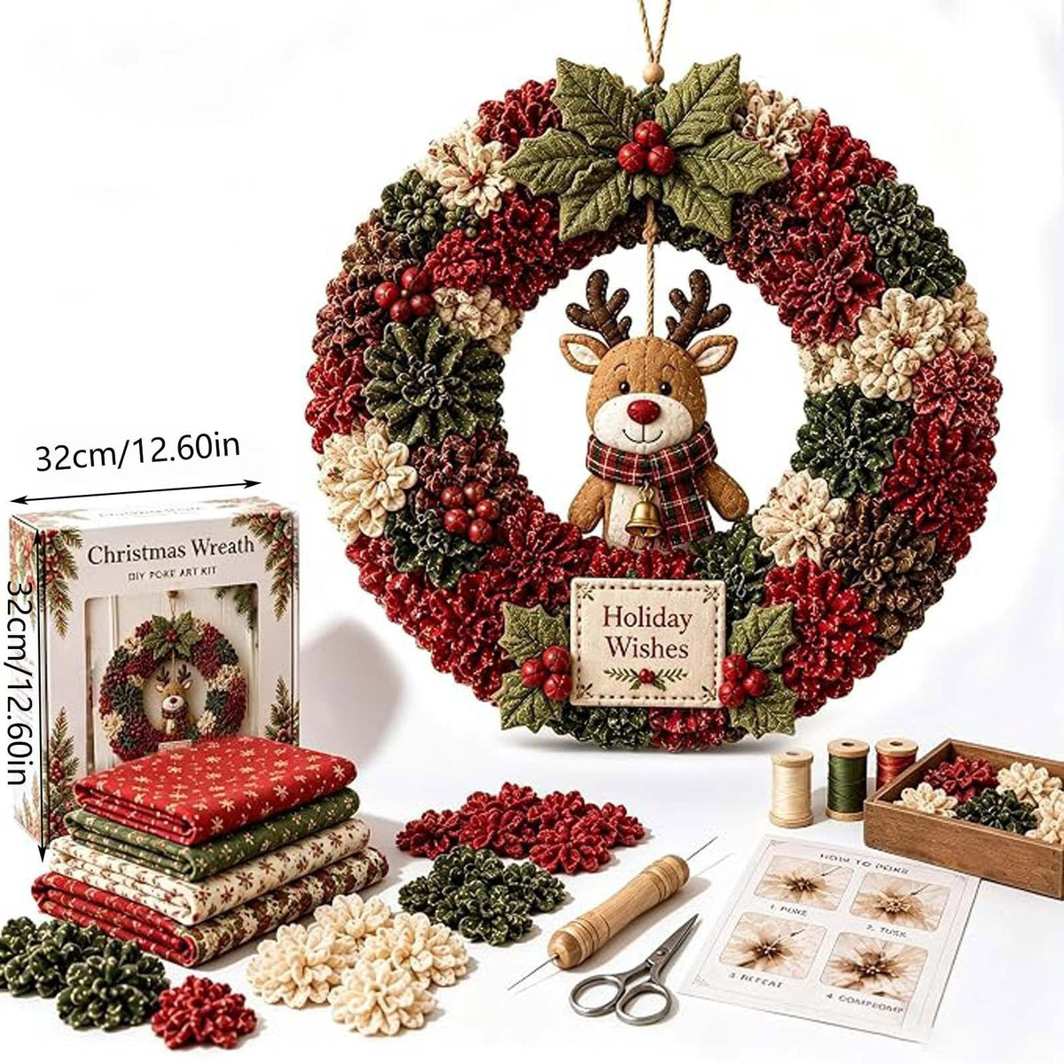 Clearance 3D Christmas Wreath Fabric Poke Art Kit, Jesus Poke Art Kits for Adults, Christmas Wreaths Ornament Making Kit for Front Door