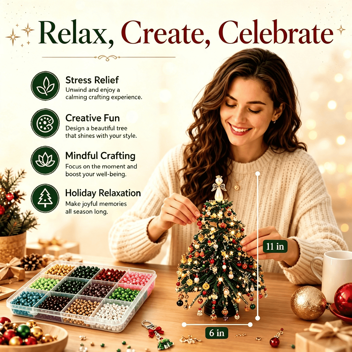 DIY Beaded Christmas Tree Kit, Crystal Bead Holiday Craft Set for Adults, Christmas Ornament Charms, Metal Frame Tabletop Decor, Holiday Gift