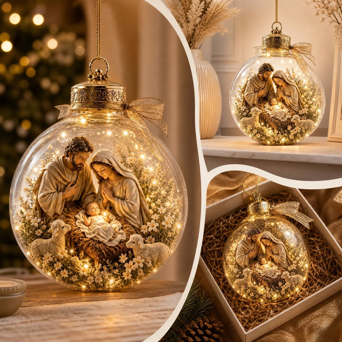 Glowing Christmas Story Ornament, Light-Up Mini Holiday Scene, Festive Keepsake for Christmas Tree, Mantel & Christmas Party Decor (Nativity)